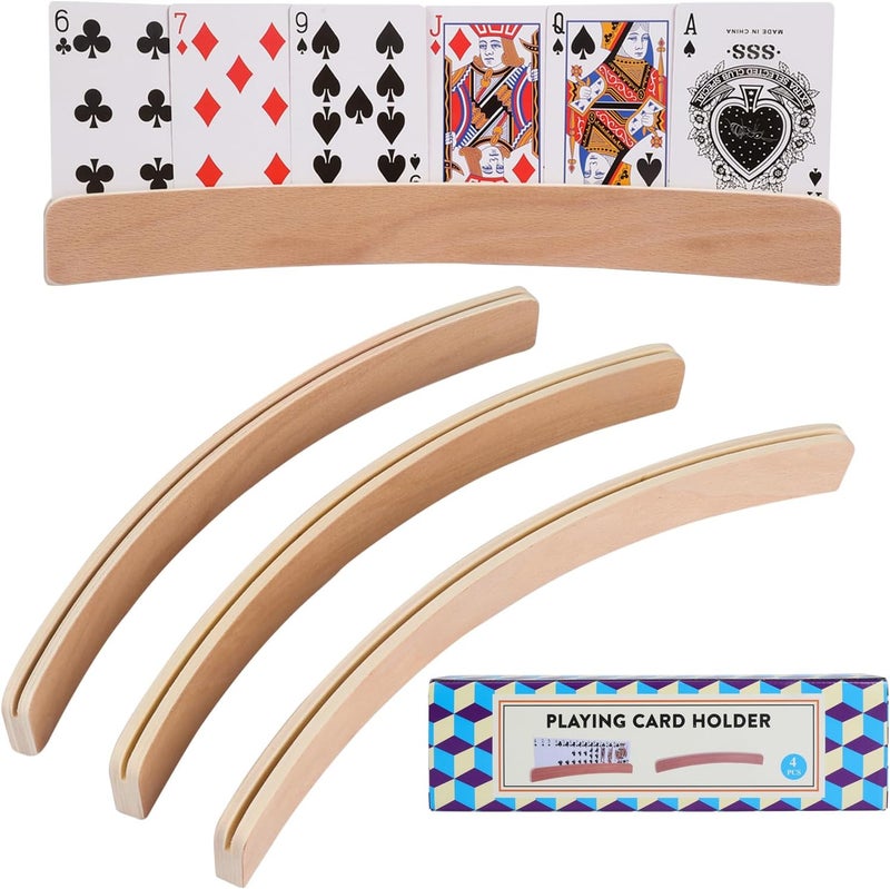 Offelec Set of 4 Playing Card Holders - Holds Standard Size Cards - Wooden Curved Playing Card Holder Racks Tray Set for Kids Adults Seniors, Non Slip Wood Card Deck Holders for Strategy Card Games - Image 4